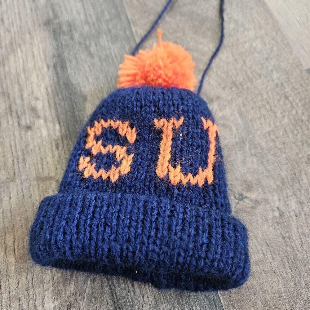 Hand-knitted Syracuse University Beanie CHRISTMAS ornament Blue & Orange. EUC